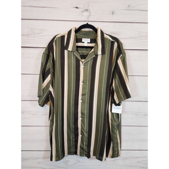NWT Arizona Jean Co. Men's Olive Green Stripe Rayon Button Down‎ Shirt Size XXL - Picture 1 of 6